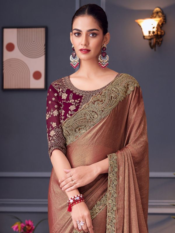 Rust Party Wear Saree With Embroidered Borders