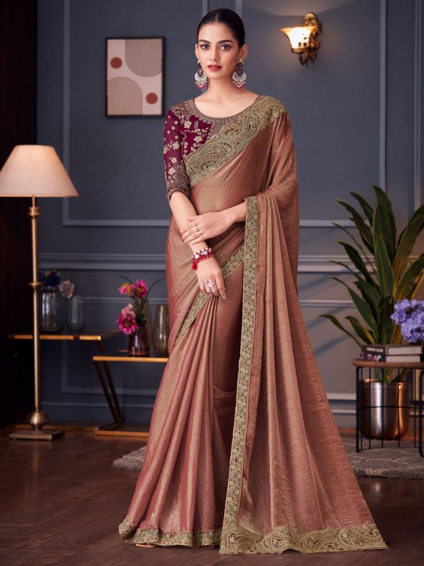 Rust Party Wear Saree With Embroidered Borders