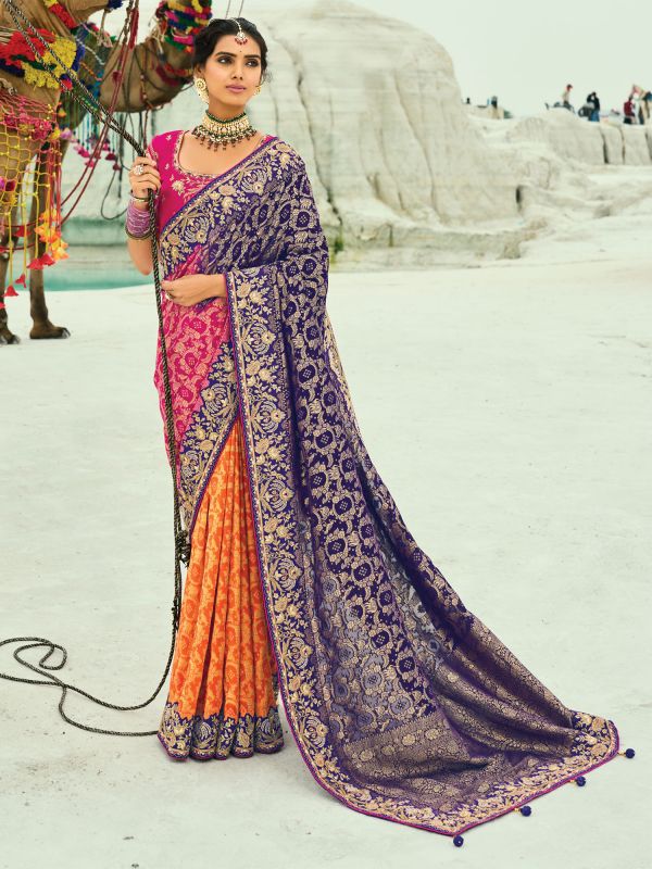 Multicolor Wedding Saree With Heavy Zari Woven Pallu