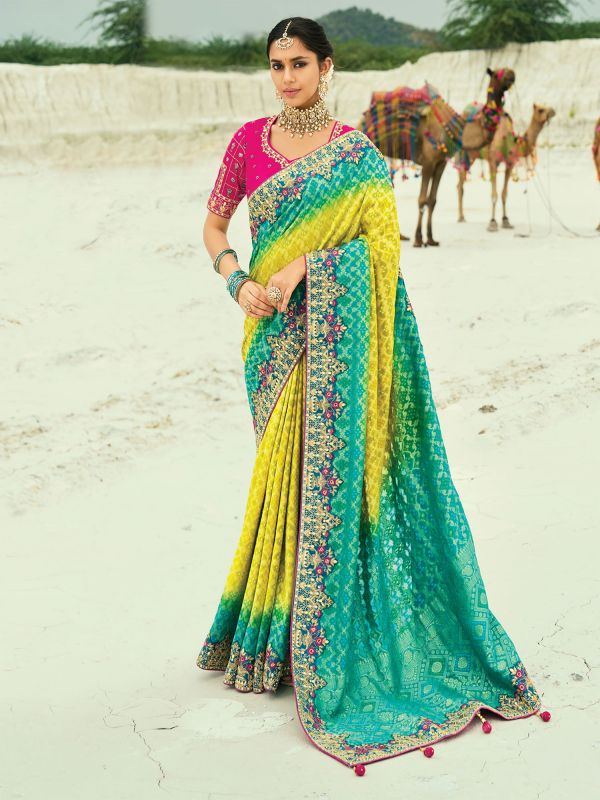 Turquoise And Green Ombre Shaded Bridal Saree