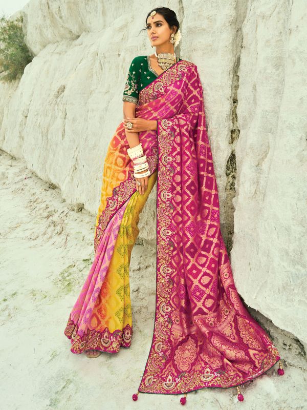 Multicolor Shaded Bridal Saree With Embroidered Borders