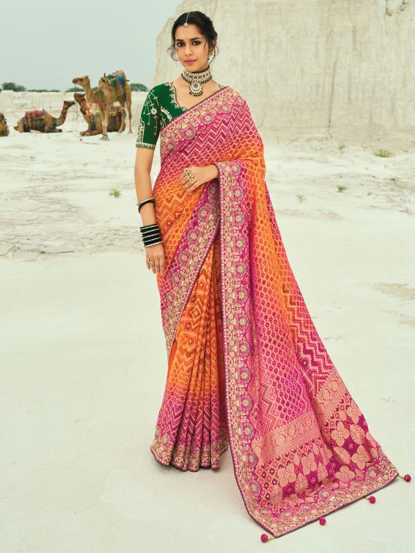 Orange And Pink Shaded Saree In Weaving With Blouse