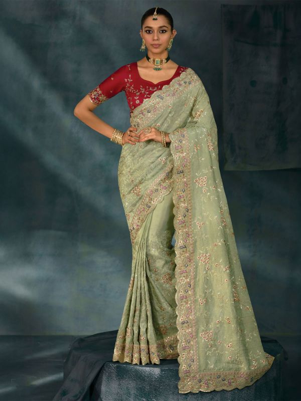 Pista Green Heavy Floral Embellished Wedding Saree