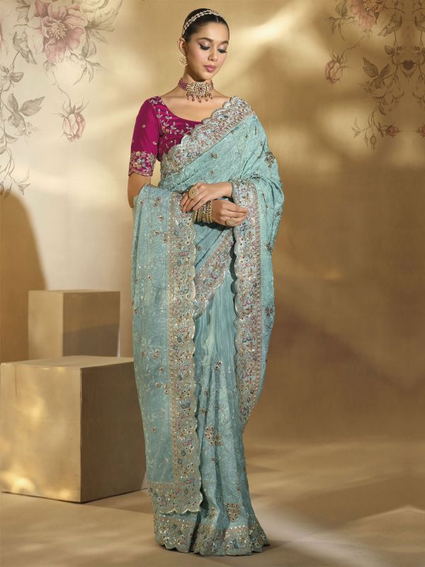 Ocean Blue Sequins Embroidered Saree In Banarasi Silk