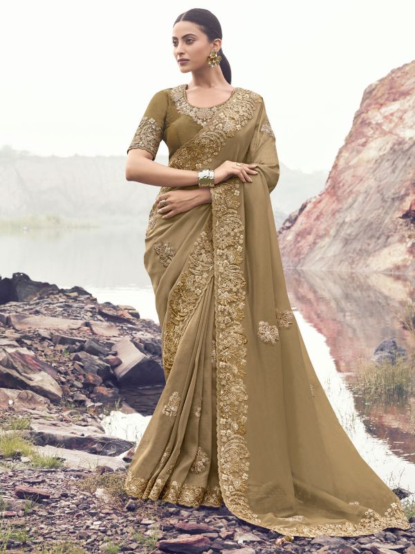 Dark Beige Silk Saree With Floral Embroidered Borders
