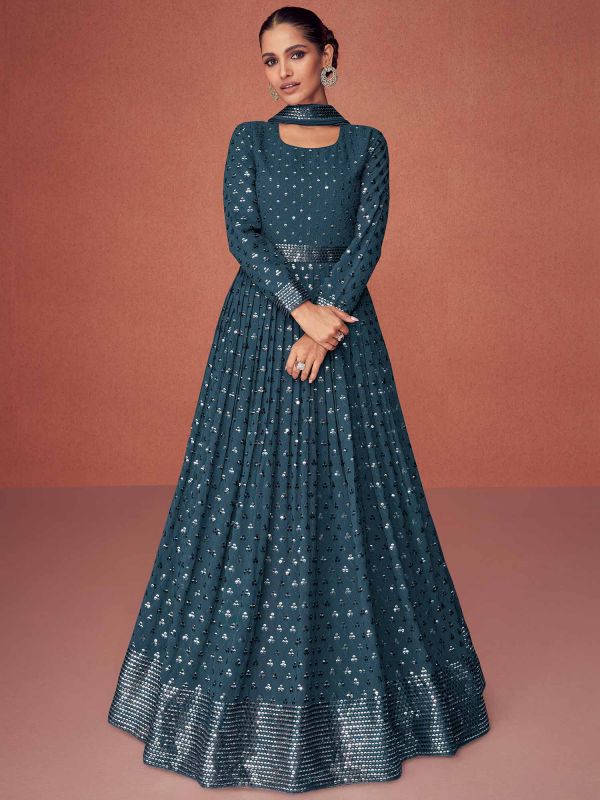 Blue Embroidered Anarkali Salwar Suit In Georgette