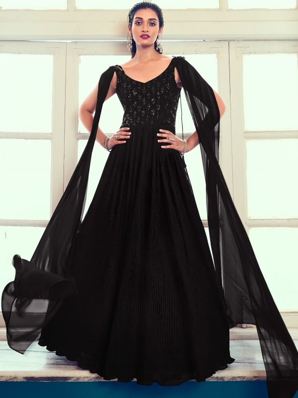 Black Sequined Readymade Gown In Georgette