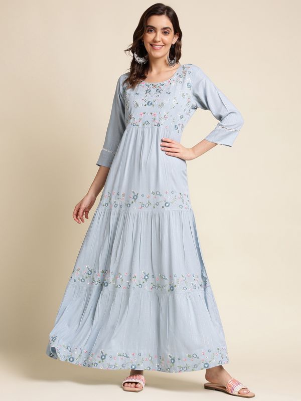 Blue Thread Embroidered Long Kurti In Crepe