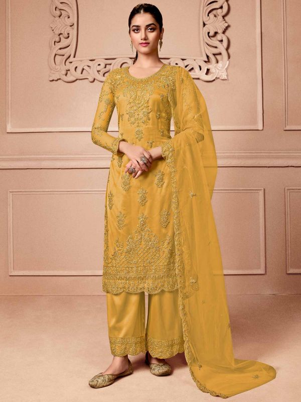 Yellow Embroidered Straight Cut Salwar Kameez