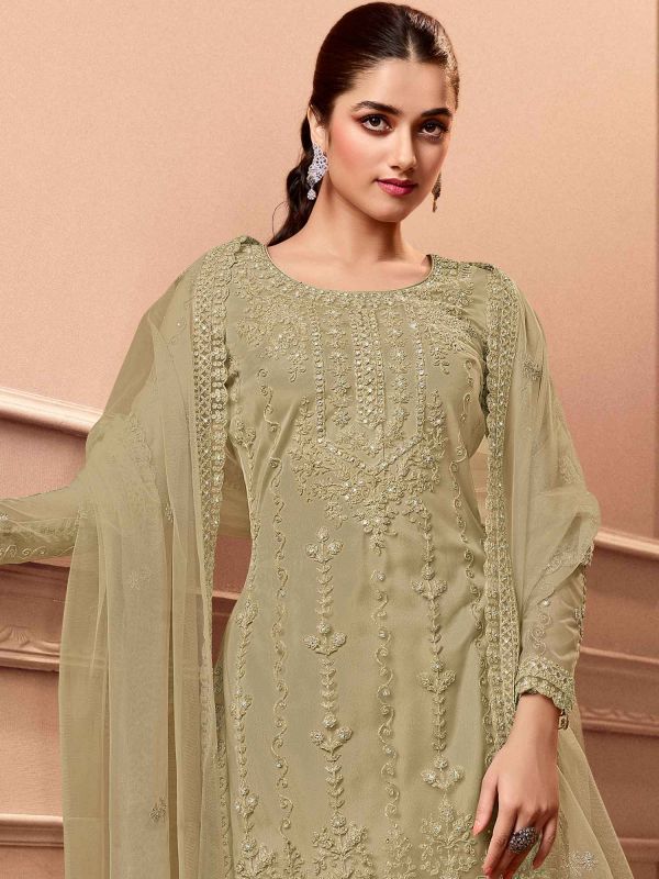Cream Straight Cut Embroidered Salwar Suit In Net