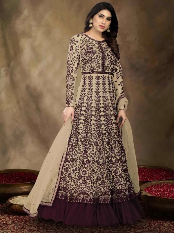 Cream Thread Embroidered Anarkali Style Suit