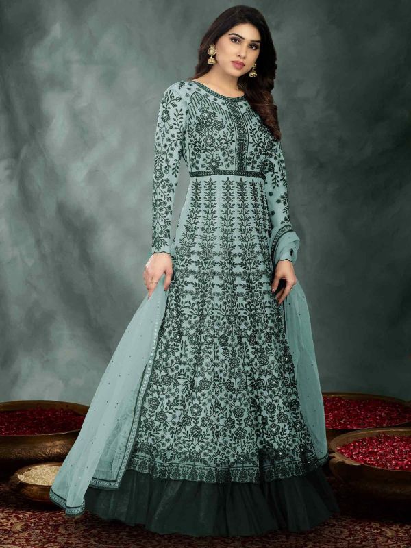 Turquoise Thread Embroidered Anarkali Suit In Net