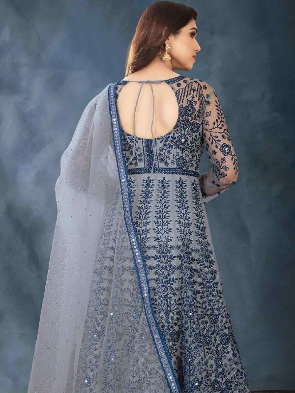 Blue Thread Embroidered Anarkali Suit With Dupatta