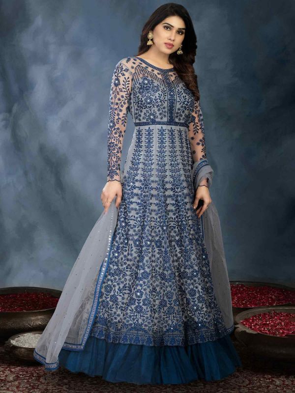 Blue Thread Embroidered Anarkali Suit With Dupatta