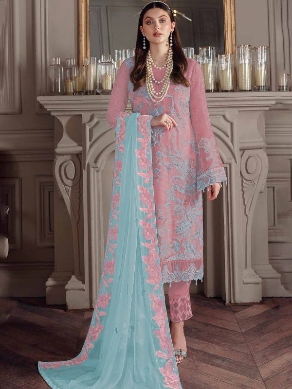 Pink Pakistani Style Embroidered Suit In Georgette