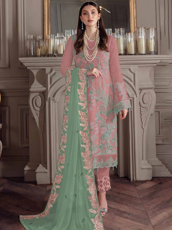 Peach Pant Style Suit Set In Georgette
