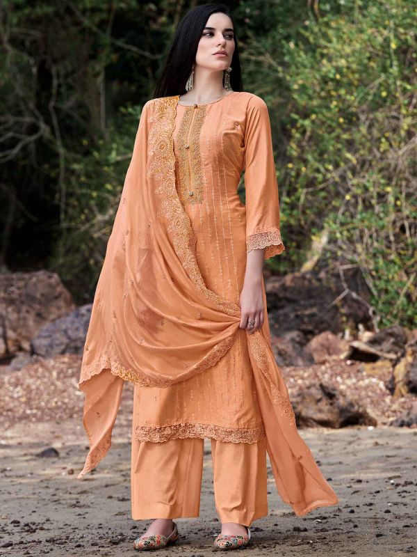 Orange Embroidered Suit With Thread Embroidery
