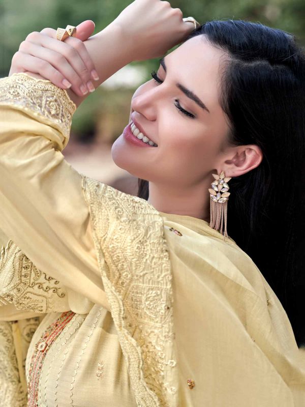 Yellow Thread Embroidered Pant Style Suit