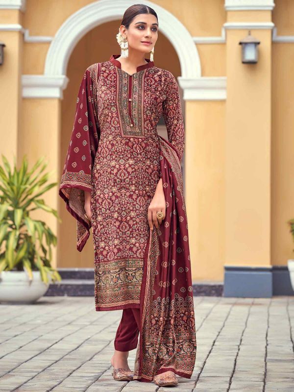 Maroon Digial Print Salwar Suit In Velvet
