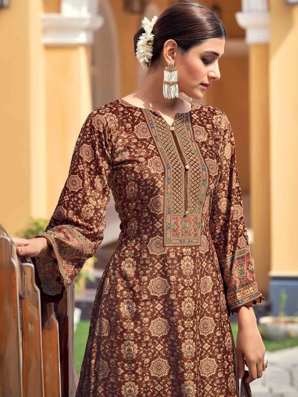 Brown Printed Salwar Kameez In Velvet