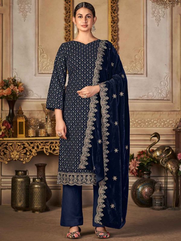 Blue Pant Style Salwar Suit In Velvet