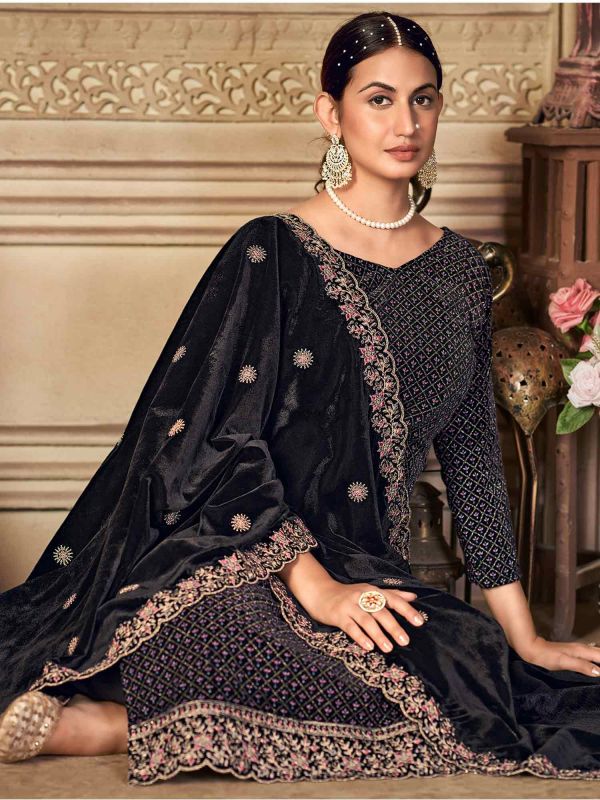 Black Velvet Salwar Kameez With Dori Embroidery