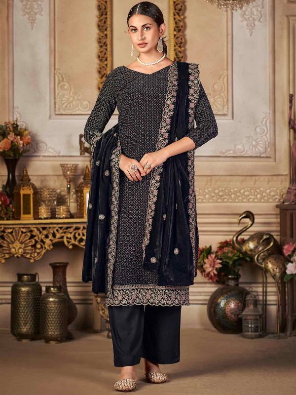 Black Velvet Salwar Kameez With Dori Embroidery