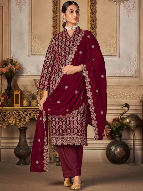 Maroon Embroidered Velvet Salwar Kameez With Dupatta