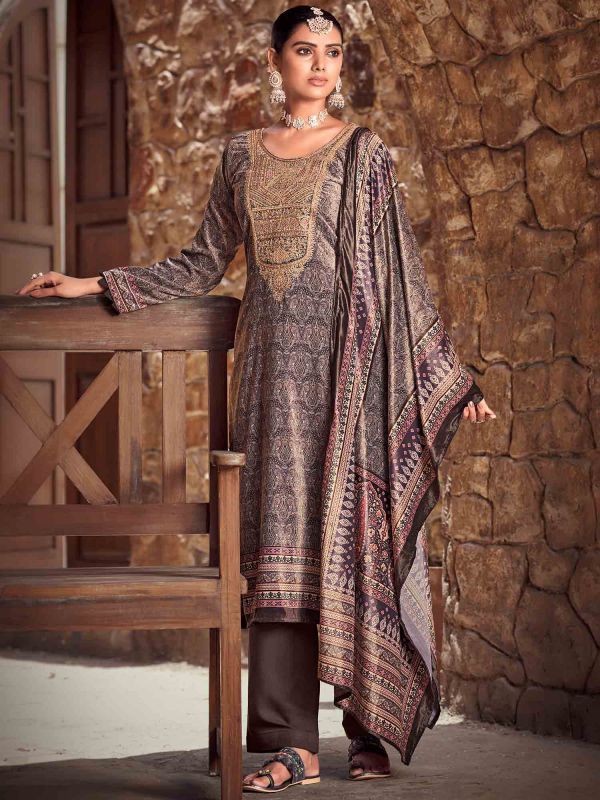 Grey Digital Printed Salwar Suit In Velvet