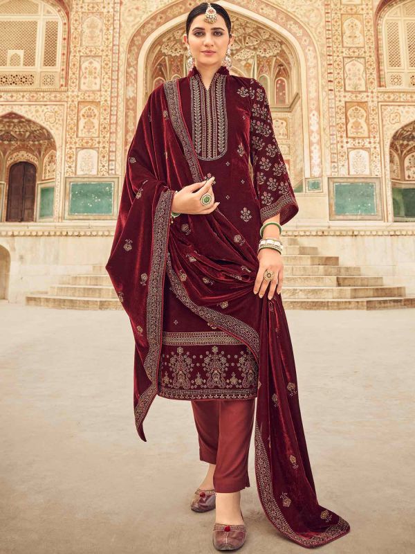 Maroon Festive Pant Style Suit In Velvet