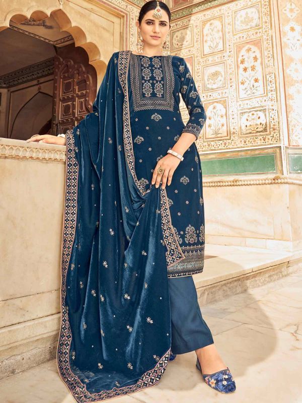 Blue Pant Style Salwar Kameez With Prints