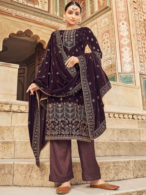 Brown Pant Style Salwar Kameez With Prints