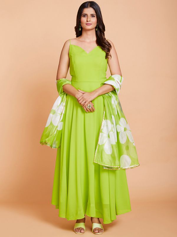 Green Indowestern Plain Gown With Floral Dupatta