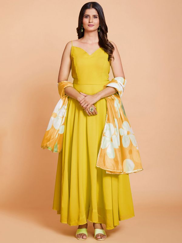 Yellow Strapy Shoulder Gown With Floral Dupatta