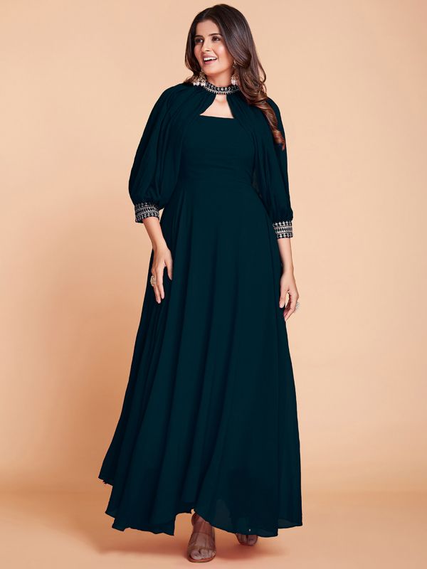 Green Jacketed Style Gown In Georgette