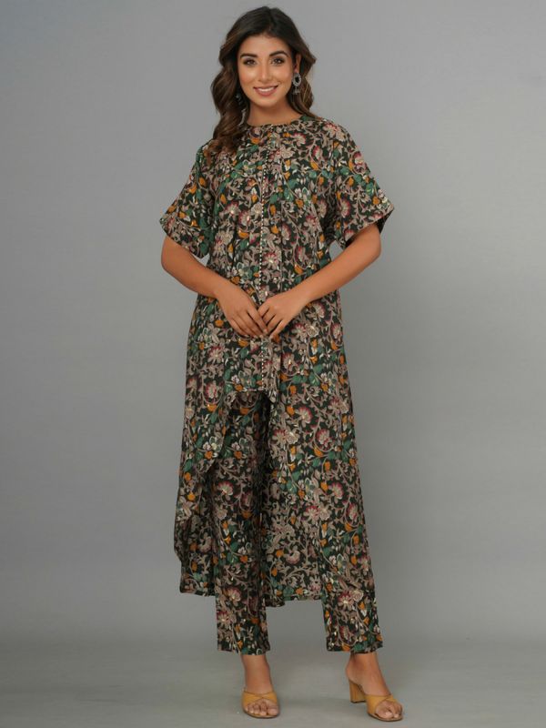 Black Asymmetric Floral Kurta Pant Set