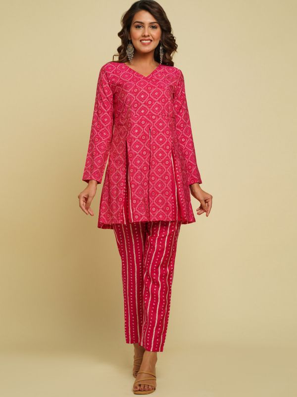 Pink Flared Kurta Pant Set With Prints