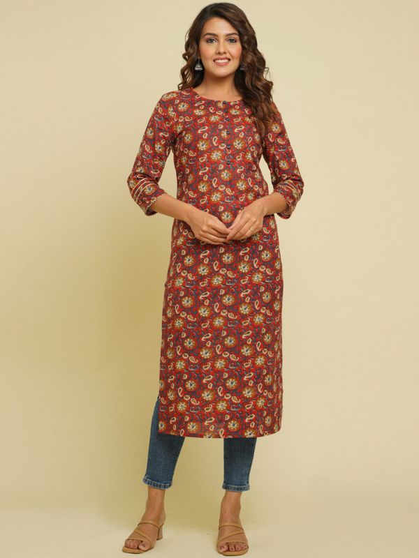 Red Floral Print Kurta In Cotton