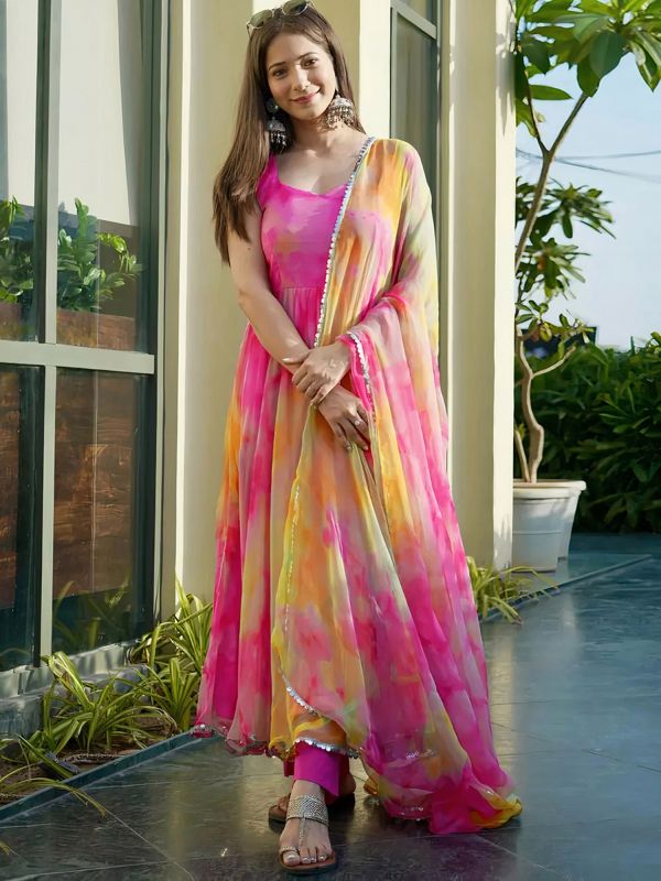 Pink Tie-Dye Printed Anarkali Suit In Organza
