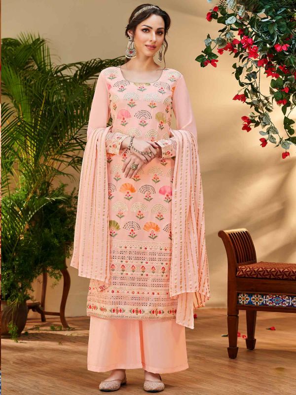Peach Embroidered Straight Cut Suit With Dupatta