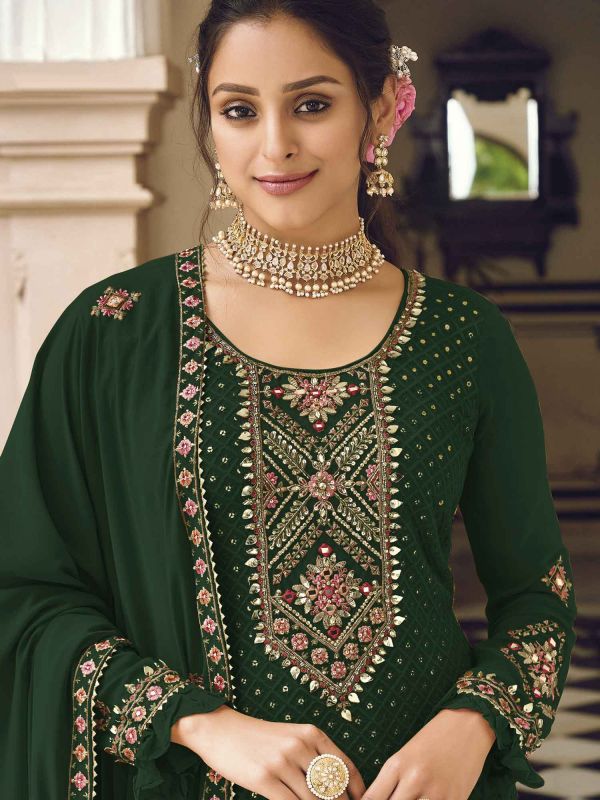 Green Thread Embroidered Pant Style Salwar Kameez
