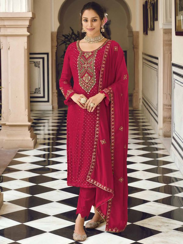 Pink Embroidered Pant Suit In Georgette