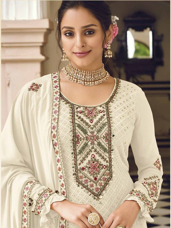 White Thread Embroidered Georgette Salwar Kameez