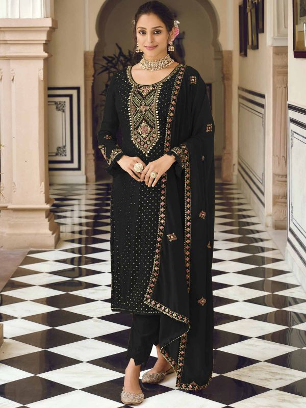 Black Sequins Embroidered Salwar Suit In Georgette