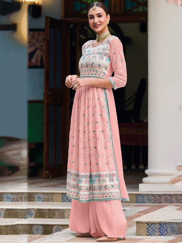 Pink Sequins Embroidered Palazzo Style Suit