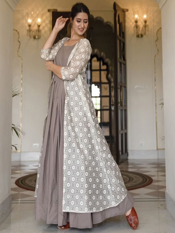 Beige Cotton Indowestern Dress With Shrug