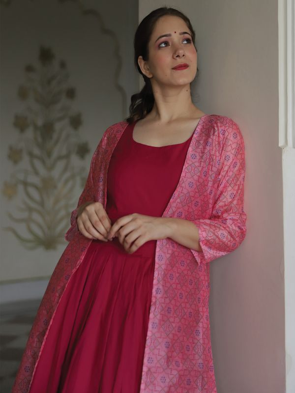 Rani Pink Shrug Style Indowestern Gown In Cotton