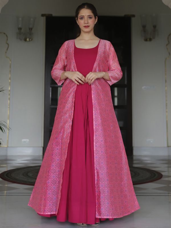 Rani Pink Shrug Style Indowestern Gown In Cotton