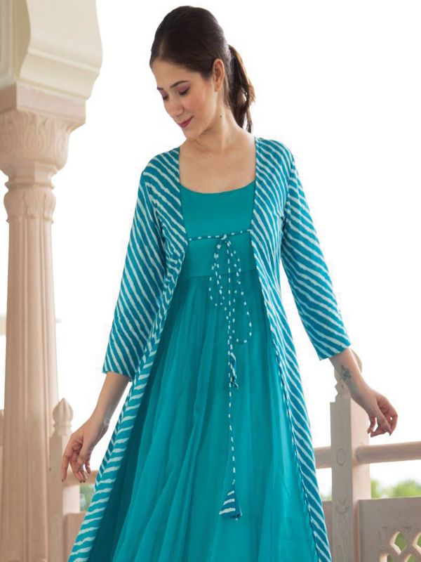 Sky Blue Indowestern Dress With Leheriya Shrug