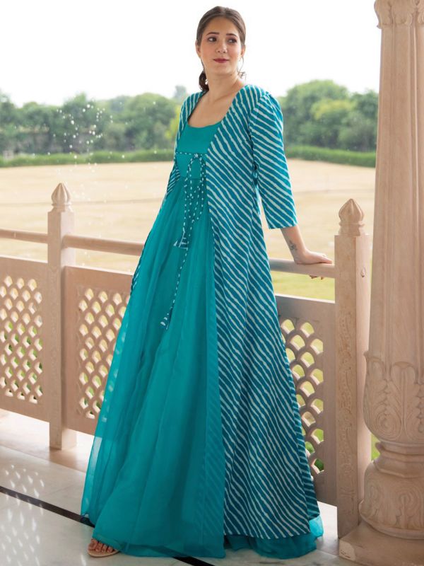 Sky Blue Indowestern Dress With Leheriya Shrug